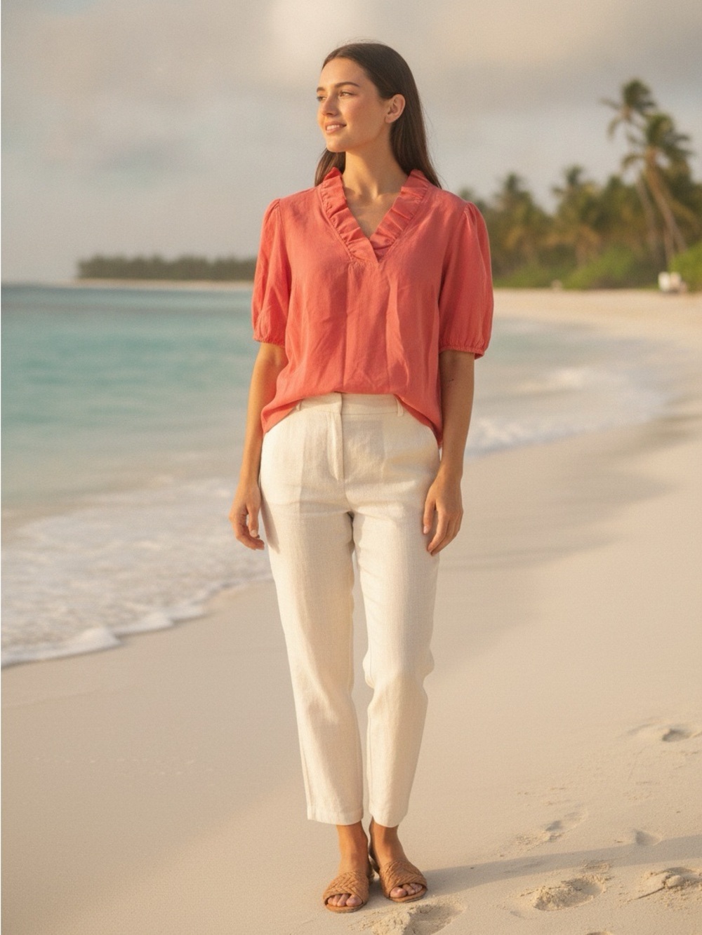 Crown & Ivy Women’s Coral Ruffled V-Neck Puff Sleeve Top XXL